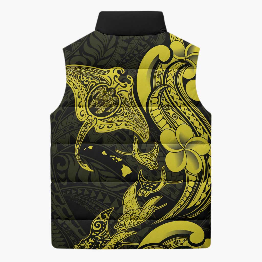 Hawaiian Manta Rays Sleeveless Puffer Jacket Tribal Hibiscus Polynesian Tattoos Yellow Color - Polynesian Pride