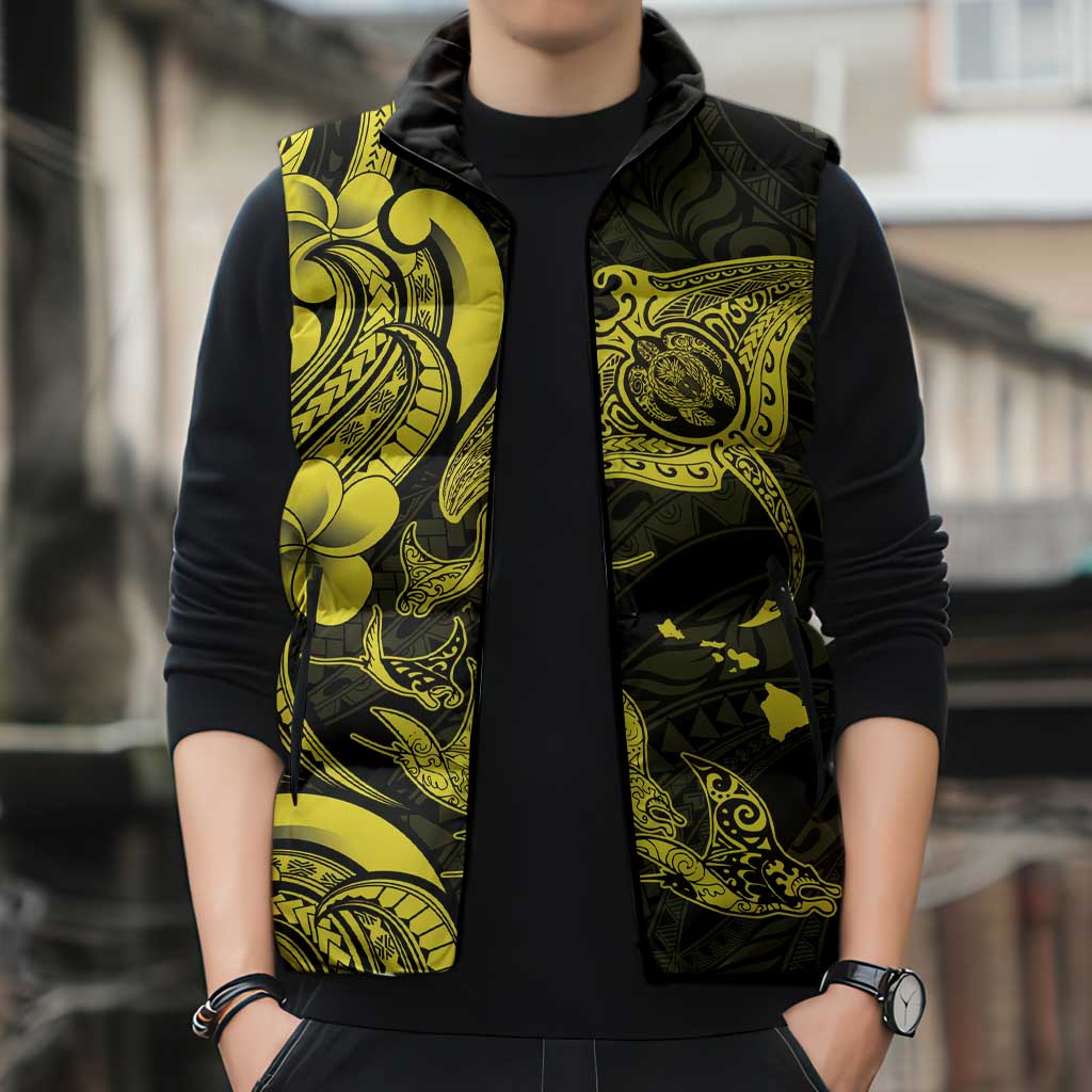 Hawaiian Manta Rays Sleeveless Puffer Jacket Tribal Hibiscus Polynesian Tattoos Yellow Color - Polynesian Pride