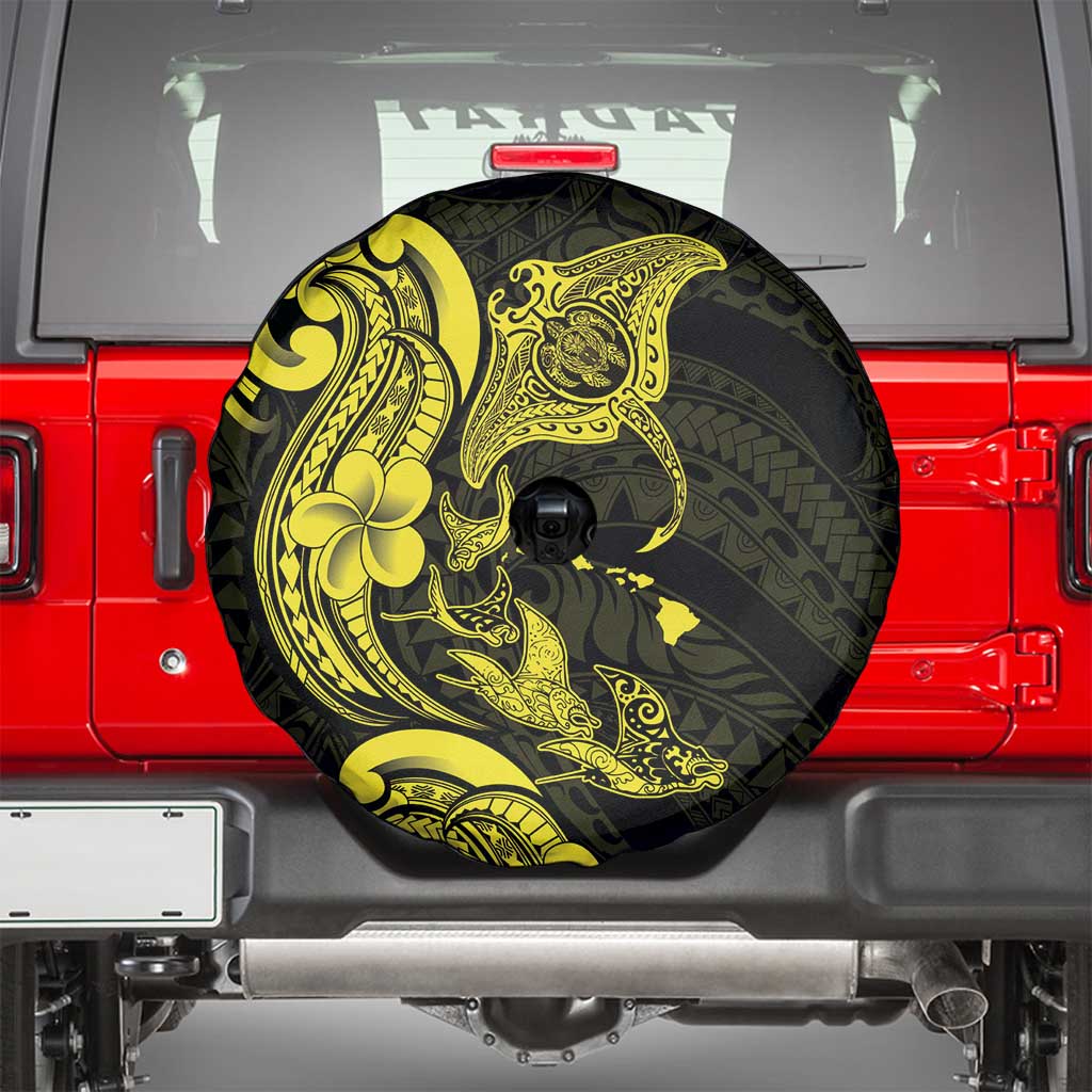 Hawaiian Manta Rays Spare Tire Cover Tribal Hibiscus Polynesian Tattoos Yellow Color - Polynesian Pride