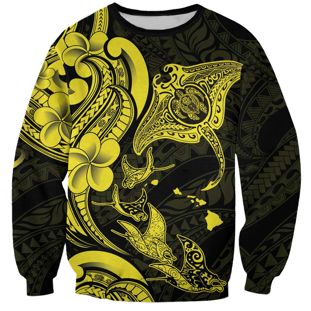 Hawaiian Manta Rays Sweatshirt Tribal Hibiscus Polynesian Tattoos Yellow Color - Polynesian Pride