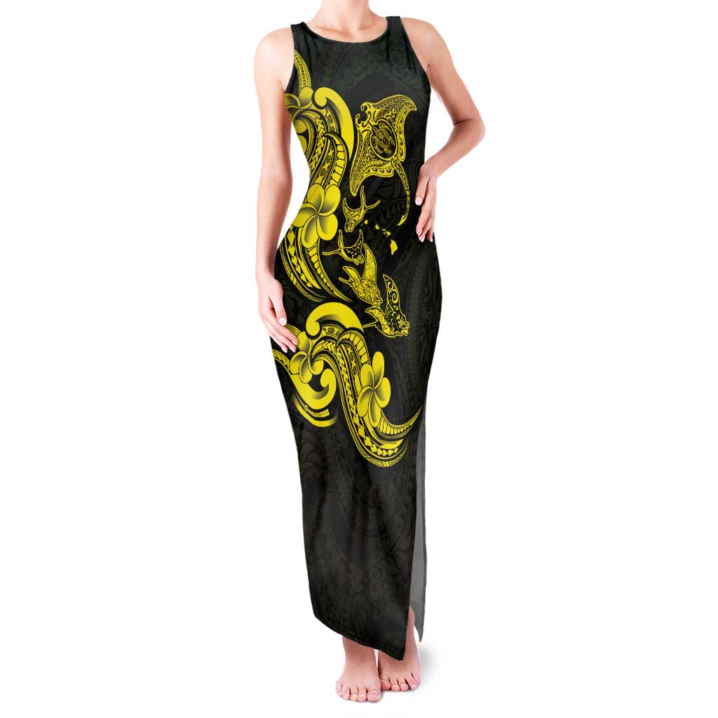 Hawaiian Manta Rays Tank Maxi Dress Tribal Hibiscus Polynesian Tattoos Yellow Color - Polynesian Pride