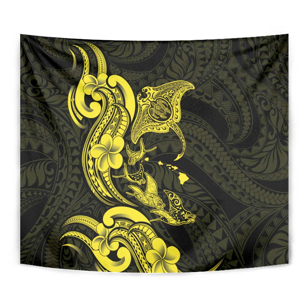 Hawaiian Manta Rays Tapestry Tribal Hibiscus Polynesian Tattoos Yellow Color - Polynesian Pride