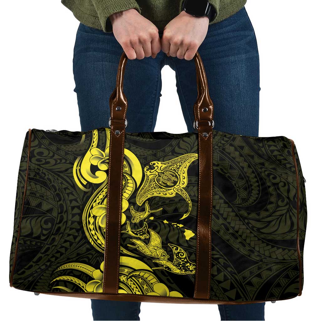 Hawaiian Manta Rays Travel Bag Tribal Hibiscus Polynesian Tattoos Yellow Color - Polynesian Pride