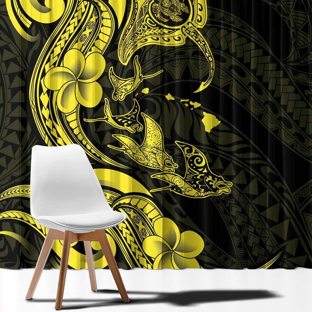 Hawaiian Manta Rays Window Curtain Tribal Hibiscus Polynesian Tattoos Yellow Color - Polynesian Pride