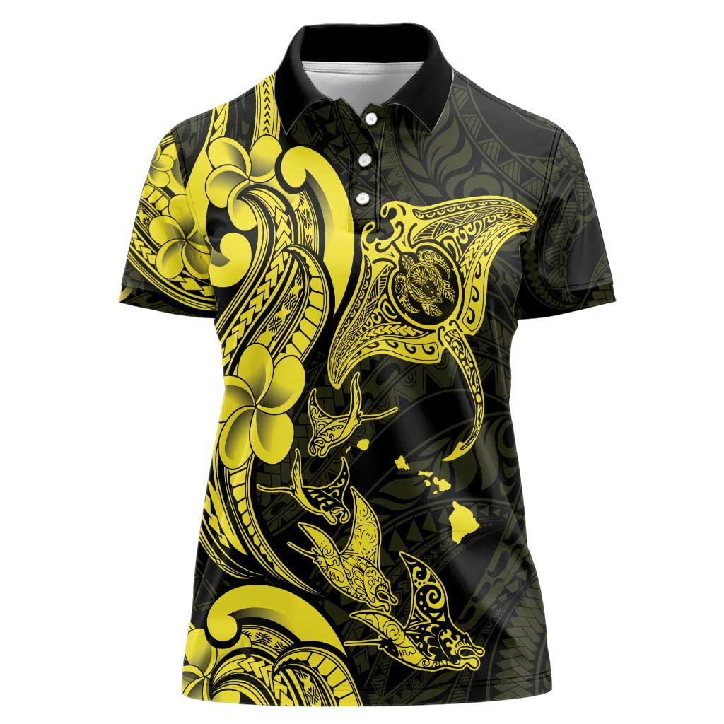 Hawaiian Manta Rays Women Polo Shirt Tribal Hibiscus Polynesian Tattoos Yellow Color - Polynesian Pride