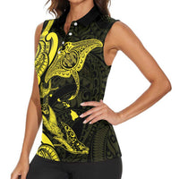 Hawaiian Manta Rays Women Sleeveless Polo Shirt Tribal Hibiscus Polynesian Tattoos Yellow Color - Polynesian Pride