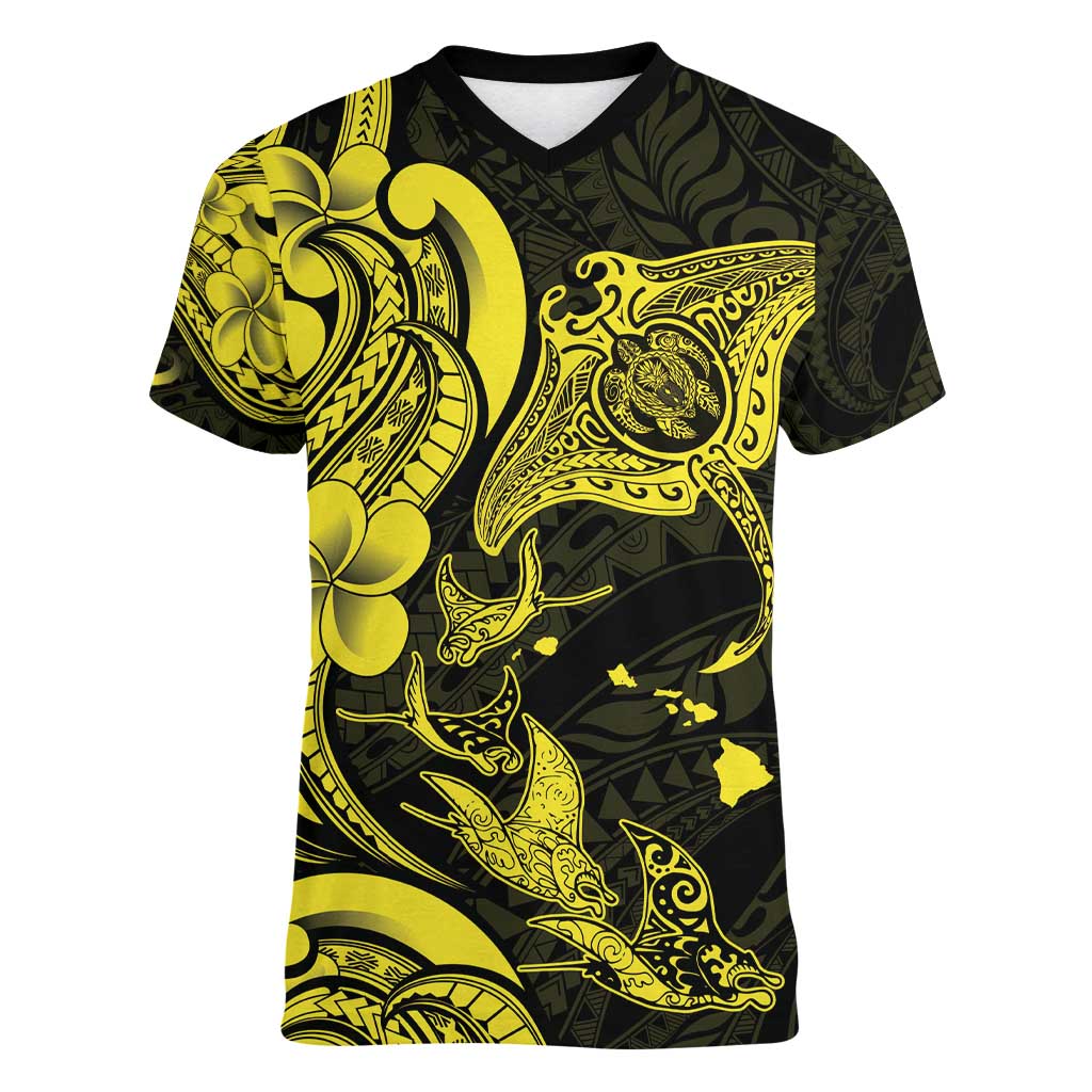 Hawaiian Manta Rays Women V-Neck T-Shirt Tribal Hibiscus Polynesian Tattoos Yellow Color - Polynesian Pride
