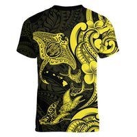 Hawaiian Manta Rays Women V-Neck T-Shirt Tribal Hibiscus Polynesian Tattoos Yellow Color - Polynesian Pride