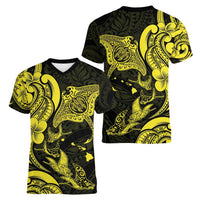 Hawaiian Manta Rays Women V-Neck T-Shirt Tribal Hibiscus Polynesian Tattoos Yellow Color - Polynesian Pride