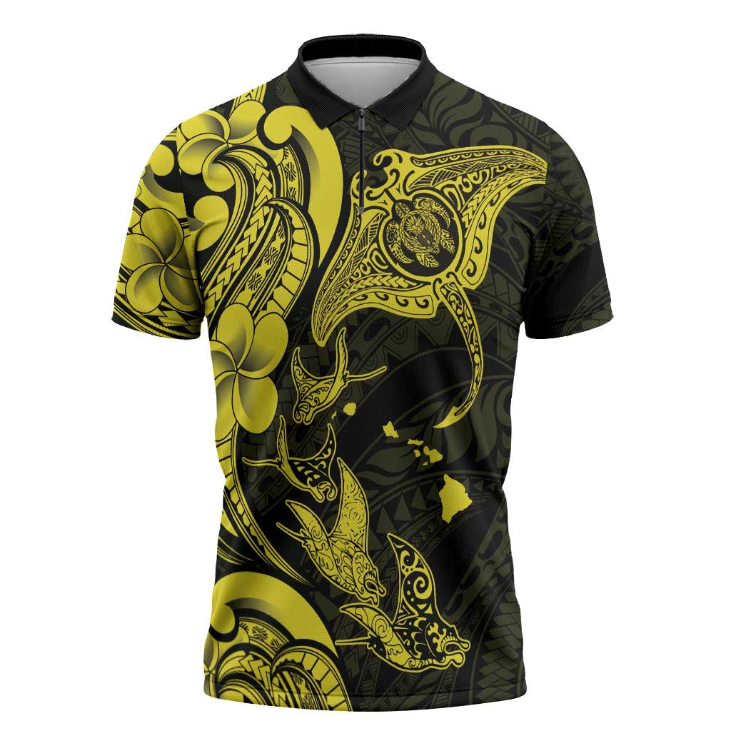 Hawaiian Manta Rays Zipper Polo Shirt Tribal Hibiscus Polynesian Tattoos Yellow Color - Polynesian Pride