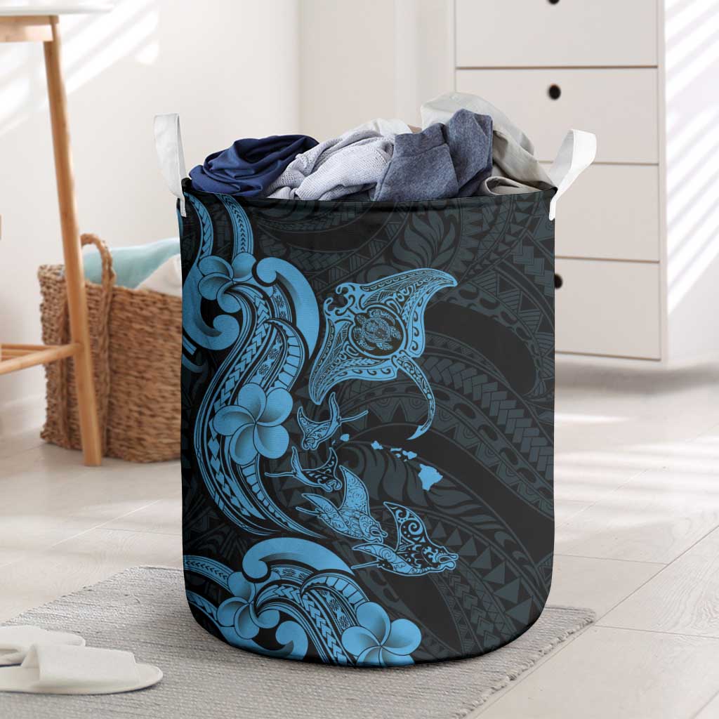 Hawaiian Manta Rays Laundry Basket Tribal Hibiscus Polynesian Tattoos Blue Color - Polynesian Pride