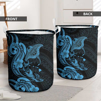Hawaiian Manta Rays Laundry Basket Tribal Hibiscus Polynesian Tattoos Blue Color - Polynesian Pride