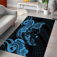 Hawaiian Manta Rays Area Rug Tribal Hibiscus Polynesian Tattoos Blue Color - Polynesian Pride