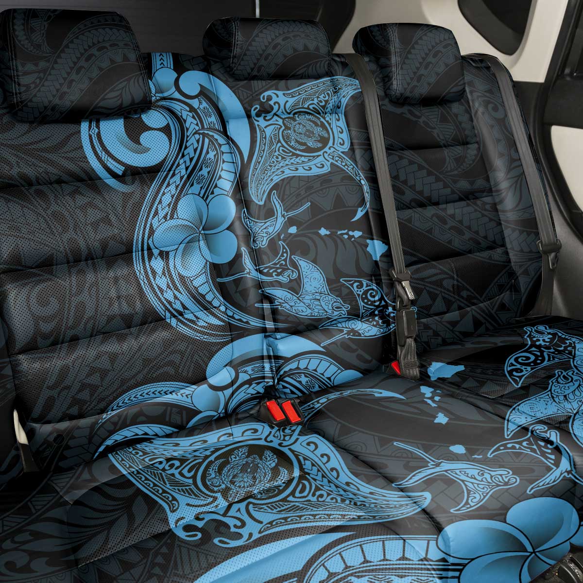 Hawaiian Manta Rays Back Car Seat Cover Tribal Hibiscus Polynesian Tattoos Blue Color - Polynesian Pride