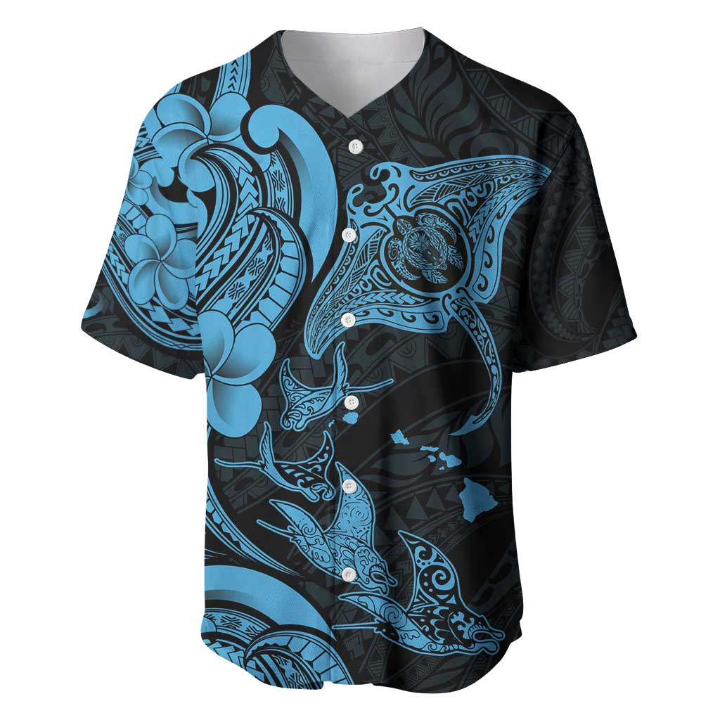 Hawaiian Manta Rays Baseball Jersey Tribal Hibiscus Polynesian Tattoos Blue Color - Polynesian Pride