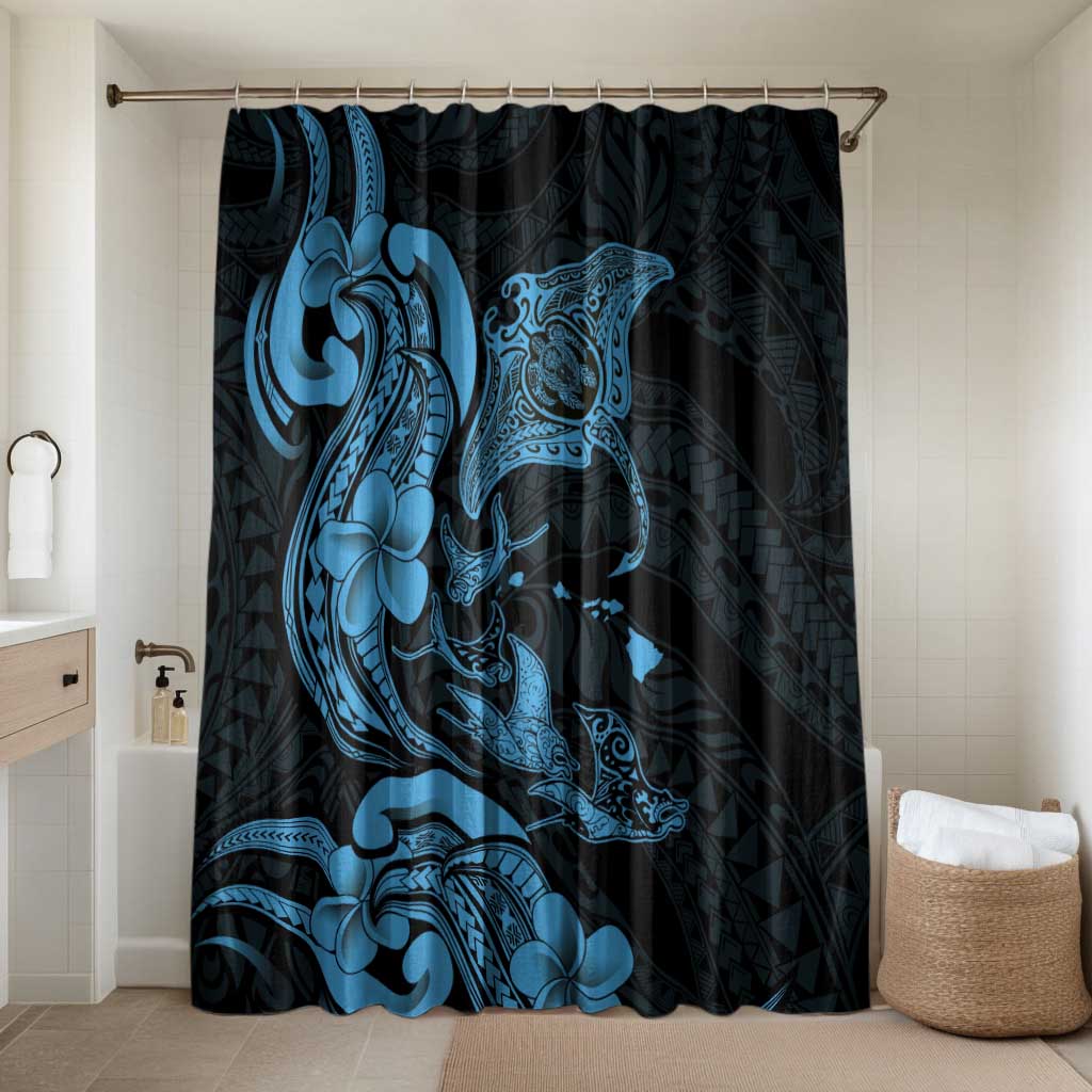Hawaiian Manta Rays Bathroom Set Tribal Hibiscus Polynesian Tattoos Blue Color - Polynesian Pride