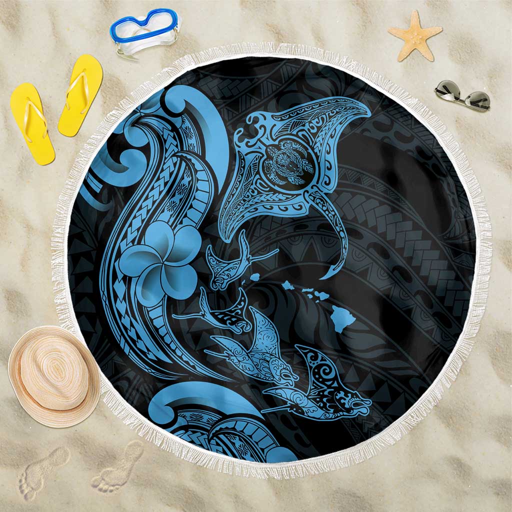 Hawaiian Manta Rays Beach Blanket Tribal Hibiscus Polynesian Tattoos Blue Color - Polynesian Pride