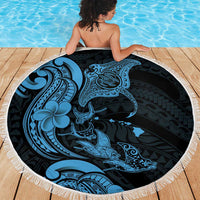 Hawaiian Manta Rays Beach Blanket Tribal Hibiscus Polynesian Tattoos Blue Color - Polynesian Pride