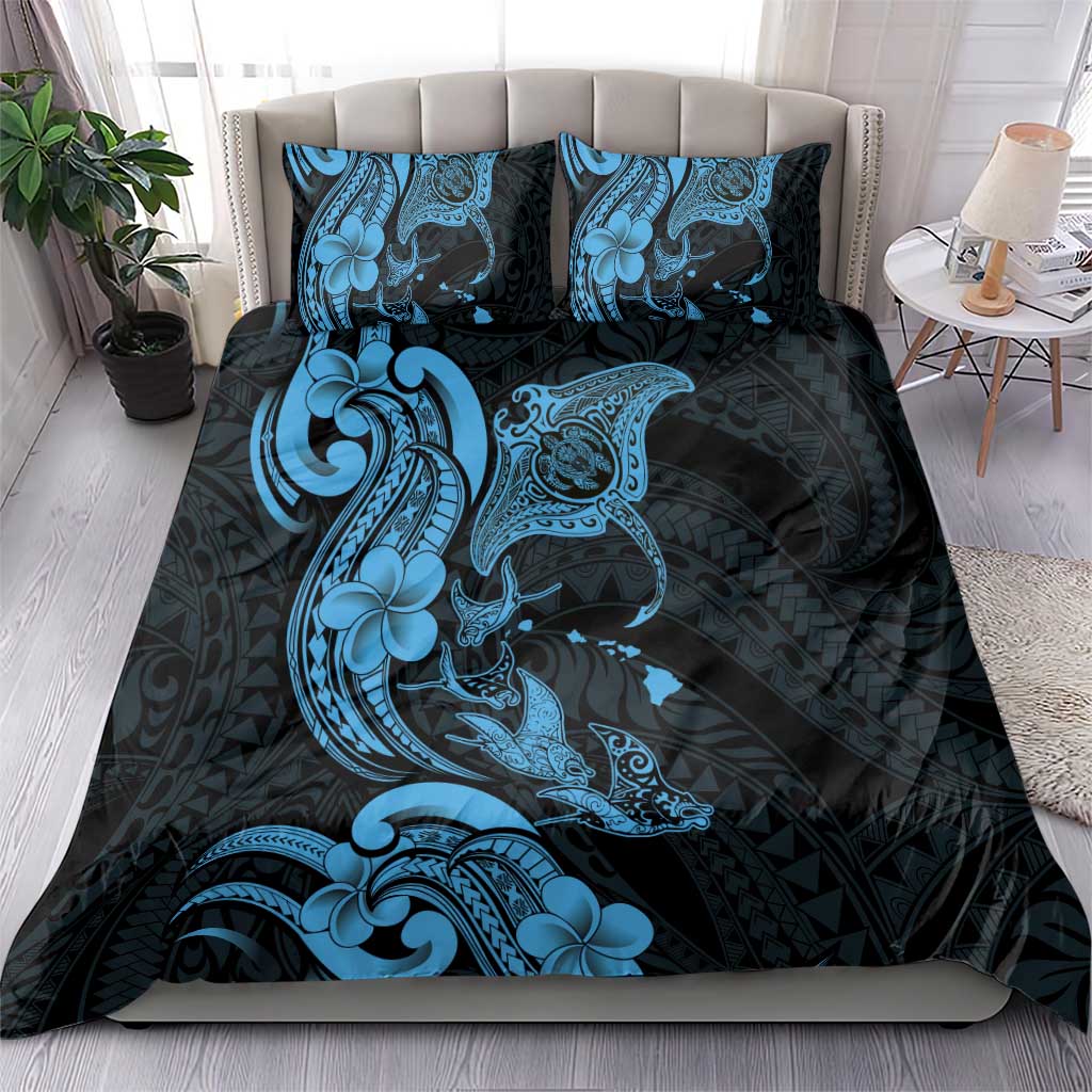 Hawaiian Manta Rays Bedding Set Tribal Hibiscus Polynesian Tattoos Blue Color - Polynesian Pride