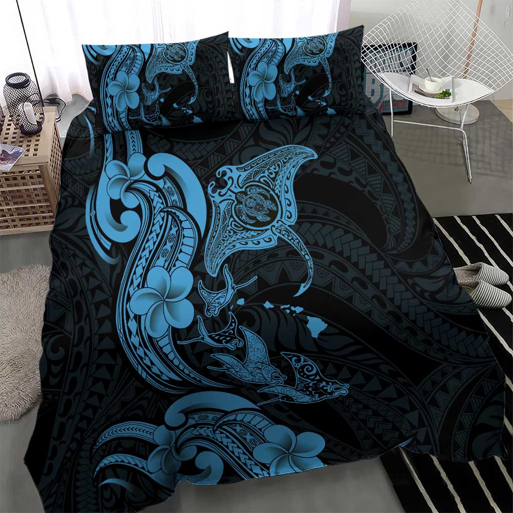 Hawaiian Manta Rays Bedding Set Tribal Hibiscus Polynesian Tattoos Blue Color - Polynesian Pride