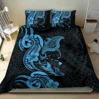 Hawaiian Manta Rays Bedding Set Tribal Hibiscus Polynesian Tattoos Blue Color - Polynesian Pride