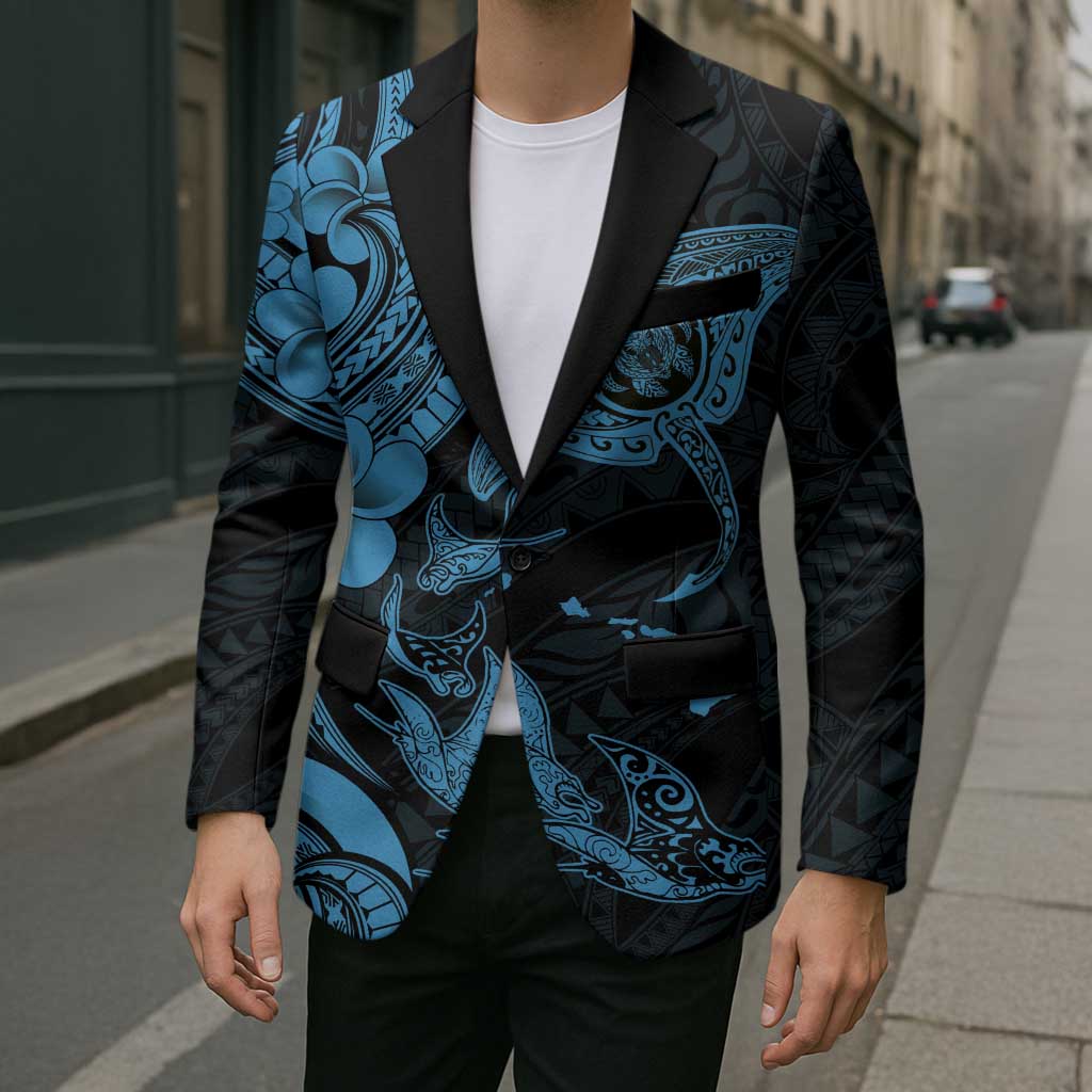 Hawaiian Manta Rays Blazer Tribal Hibiscus Polynesian Tattoos Blue Color - Polynesian Pride