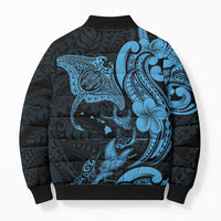 Hawaiian Manta Rays Bomber Puffer Jacket Tribal Hibiscus Polynesian Tattoos Blue Color - Polynesian Pride