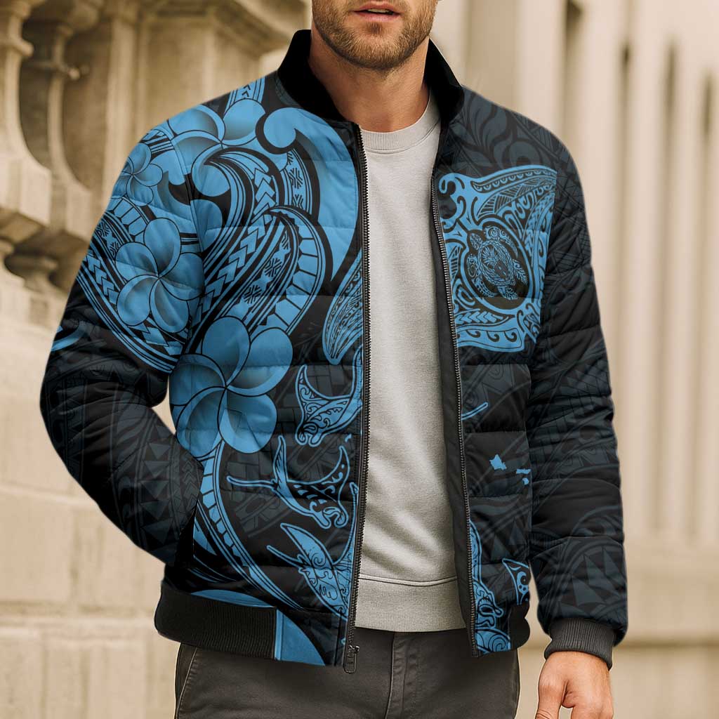 Hawaiian Manta Rays Bomber Puffer Jacket Tribal Hibiscus Polynesian Tattoos Blue Color - Polynesian Pride