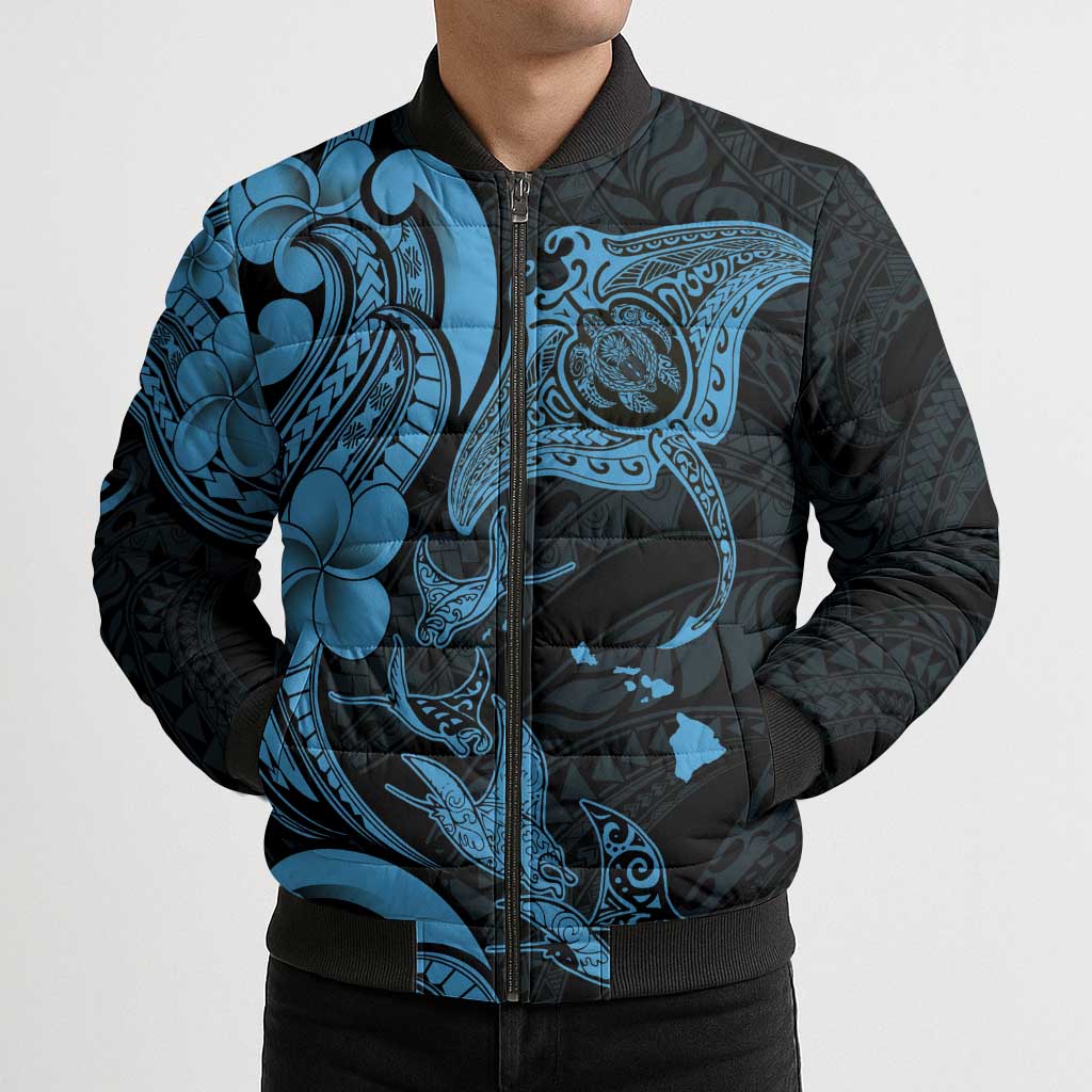 Hawaiian Manta Rays Bomber Puffer Jacket Tribal Hibiscus Polynesian Tattoos Blue Color - Polynesian Pride