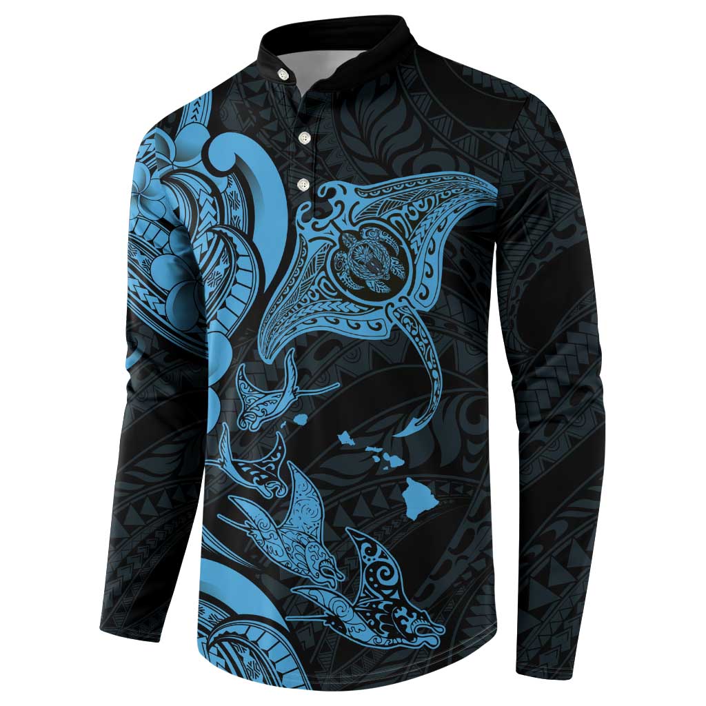 Hawaiian Manta Rays Button Sweatshirt Tribal Hibiscus Polynesian Tattoos Blue Color - Polynesian Pride
