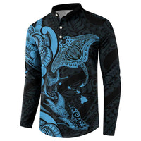 Hawaiian Manta Rays Button Sweatshirt Tribal Hibiscus Polynesian Tattoos Blue Color - Polynesian Pride