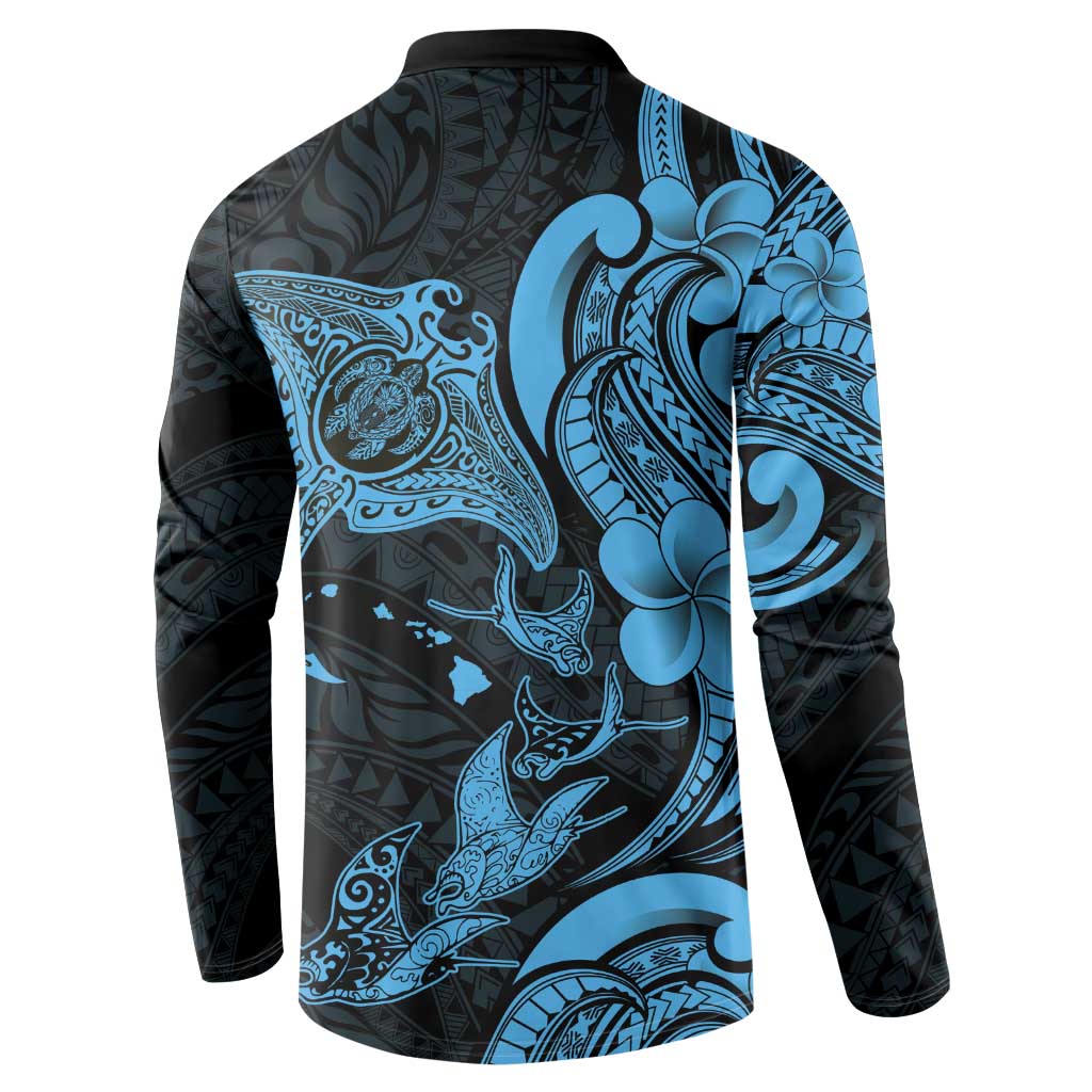 Hawaiian Manta Rays Button Sweatshirt Tribal Hibiscus Polynesian Tattoos Blue Color - Polynesian Pride