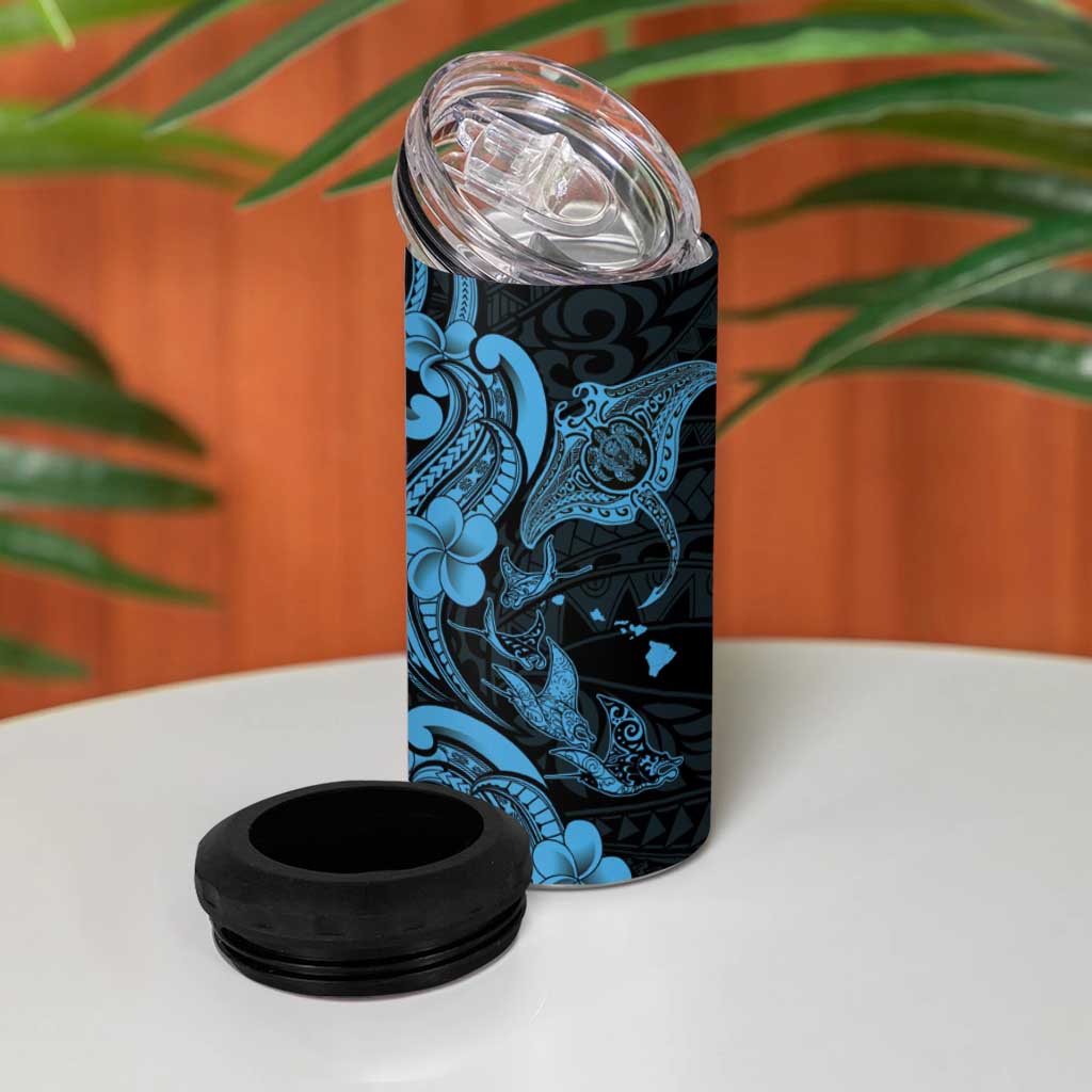 Hawaiian Manta Rays 4 in 1 Can Cooler Tumbler Tribal Hibiscus Polynesian Tattoos Blue Color - Polynesian Pride