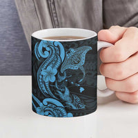 Hawaiian Manta Rays Ceramic Mug Tribal Hibiscus Polynesian Tattoos Blue Color - Polynesian Pride