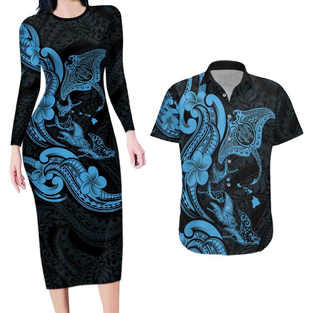 Hawaiian Manta Rays Couples Matching Long Sleeve Bodycon Dress and Hawaiian Shirt Tribal Hibiscus Polynesian Tattoos Blue Color - Polynesian Pride
