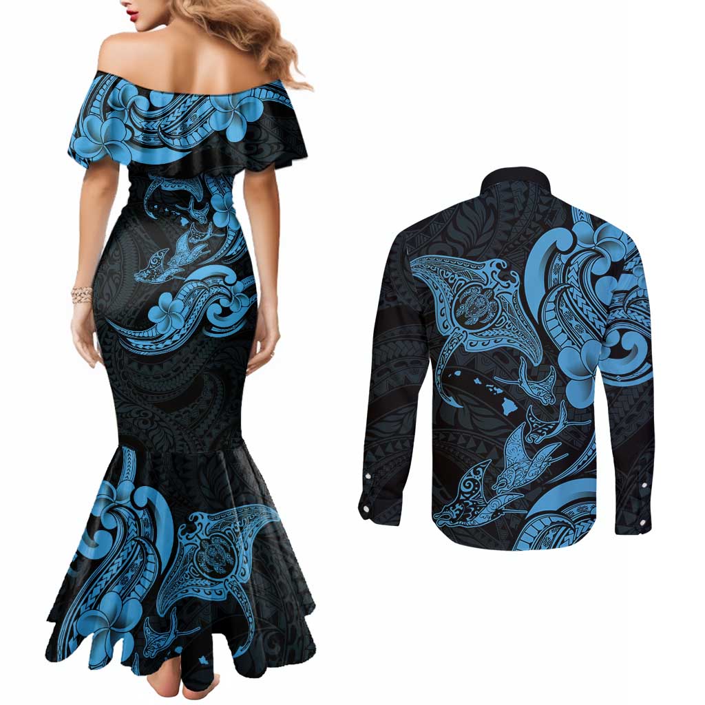 Hawaiian Manta Rays Couples Matching Mermaid Dress and Long Sleeve Button Shirt Tribal Hibiscus Polynesian Tattoos Blue Color - Polynesian Pride