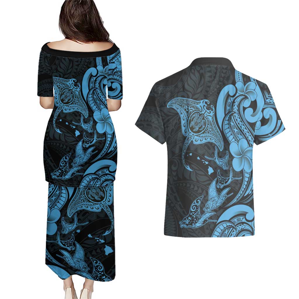 Hawaiian Manta Rays Couples Matching Puletasi and Hawaiian Shirt Tribal Hibiscus Polynesian Tattoos Blue Color LT03 - Polynesian Pride
