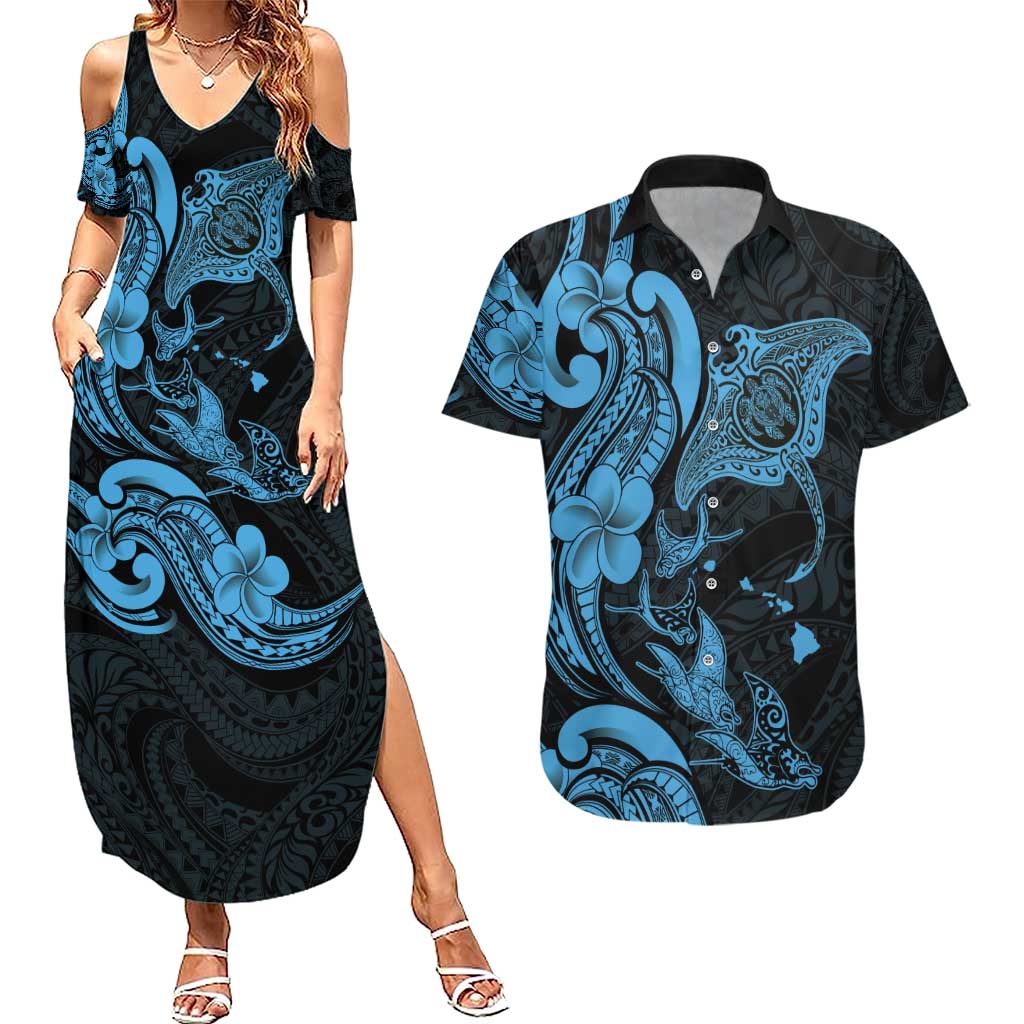 Hawaiian Manta Rays Couples Matching Summer Maxi Dress and Hawaiian Shirt Tribal Hibiscus Polynesian Tattoos Blue Color - Polynesian Pride