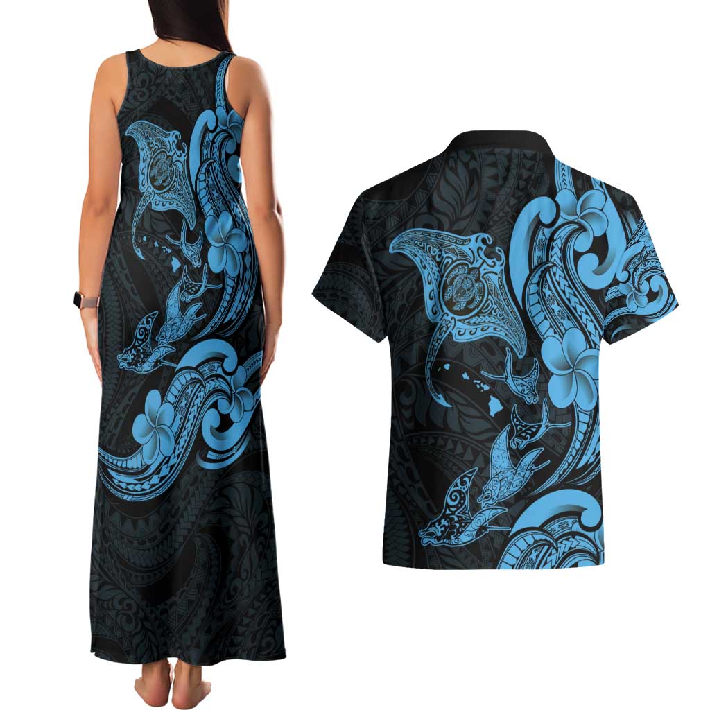 Hawaiian Manta Rays Couples Matching Tank Maxi Dress and Hawaiian Shirt Tribal Hibiscus Polynesian Tattoos Blue Color - Polynesian Pride