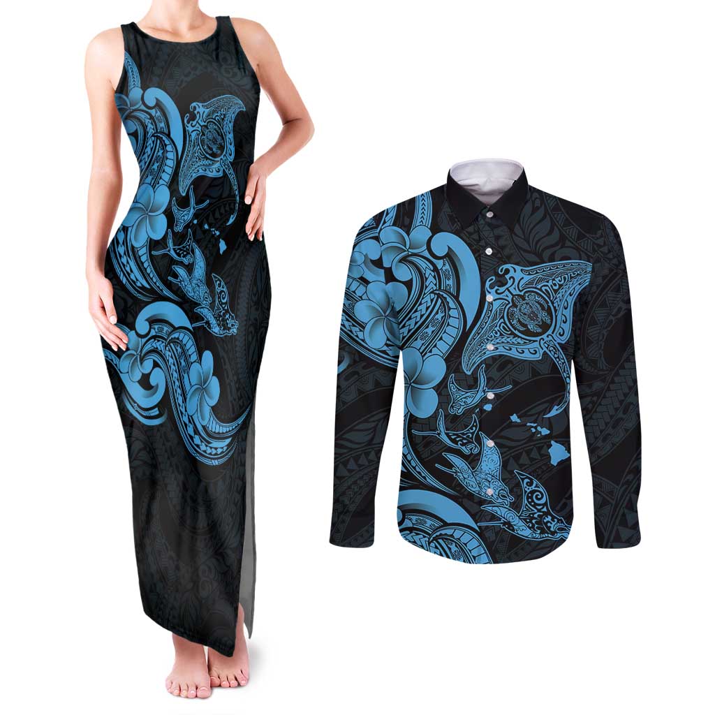 Hawaiian Manta Rays Couples Matching Tank Maxi Dress and Long Sleeve Button Shirt Tribal Hibiscus Polynesian Tattoos Blue Color - Polynesian Pride