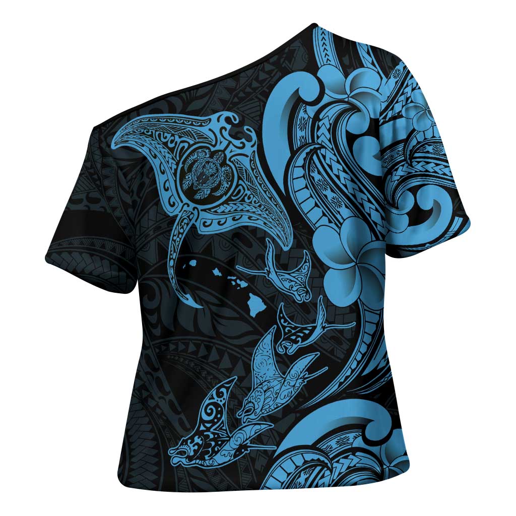 Hawaiian Manta Rays Cross Shoulder Shirt Tribal Hibiscus Polynesian Tattoos Blue Color - Polynesian Pride