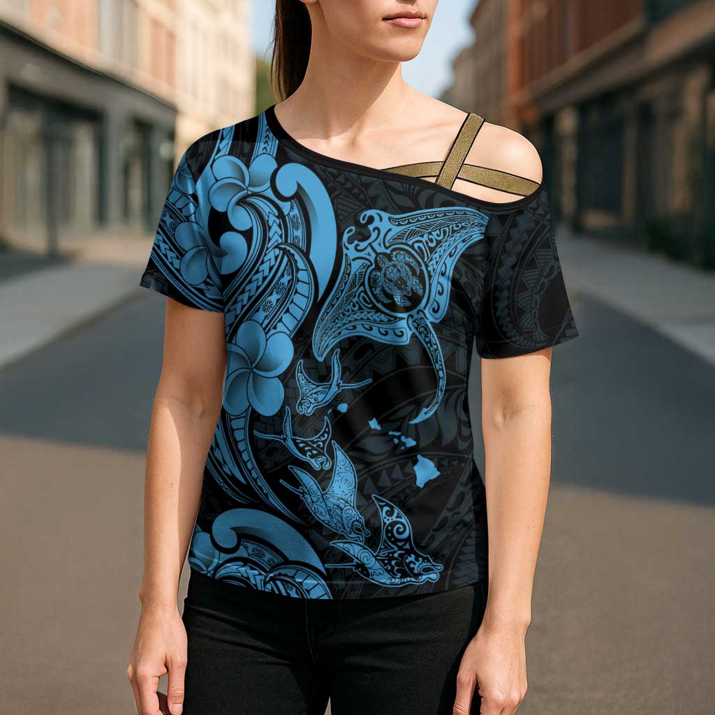 Hawaiian Manta Rays Cross Shoulder Shirt Tribal Hibiscus Polynesian Tattoos Blue Color - Polynesian Pride