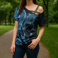 Hawaiian Manta Rays Cross Shoulder Shirt Tribal Hibiscus Polynesian Tattoos Blue Color - Polynesian Pride