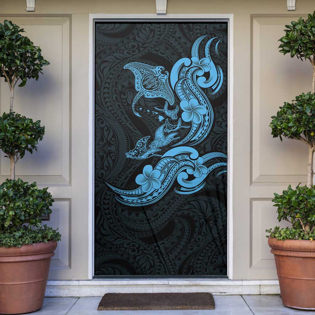 Hawaiian Manta Rays Door Cover Tribal Hibiscus Polynesian Tattoos Blue Color - Polynesian Pride