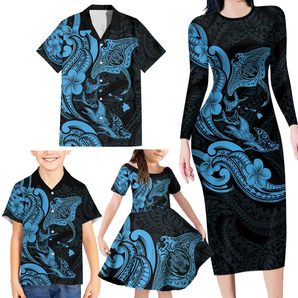 Hawaiian Manta Rays Family Matching Long Sleeve Bodycon Dress and Hawaiian Shirt Tribal Hibiscus Polynesian Tattoos Blue Color - Polynesian Pride