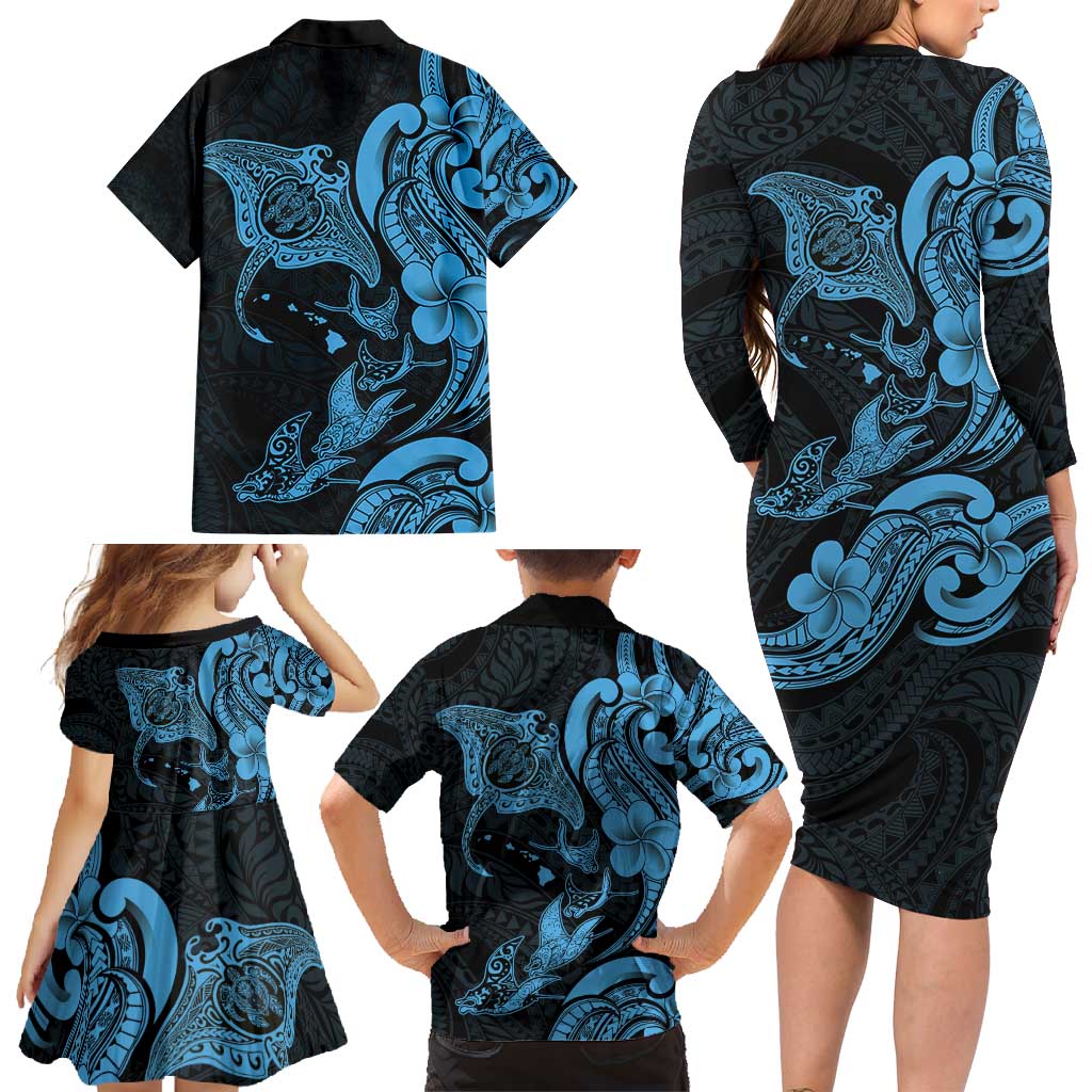 Hawaiian Manta Rays Family Matching Long Sleeve Bodycon Dress and Hawaiian Shirt Tribal Hibiscus Polynesian Tattoos Blue Color - Polynesian Pride