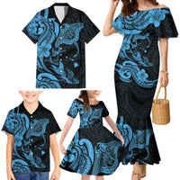 Hawaiian Manta Rays Family Matching Mermaid Dress and Hawaiian Shirt Tribal Hibiscus Polynesian Tattoos Blue Color - Polynesian Pride