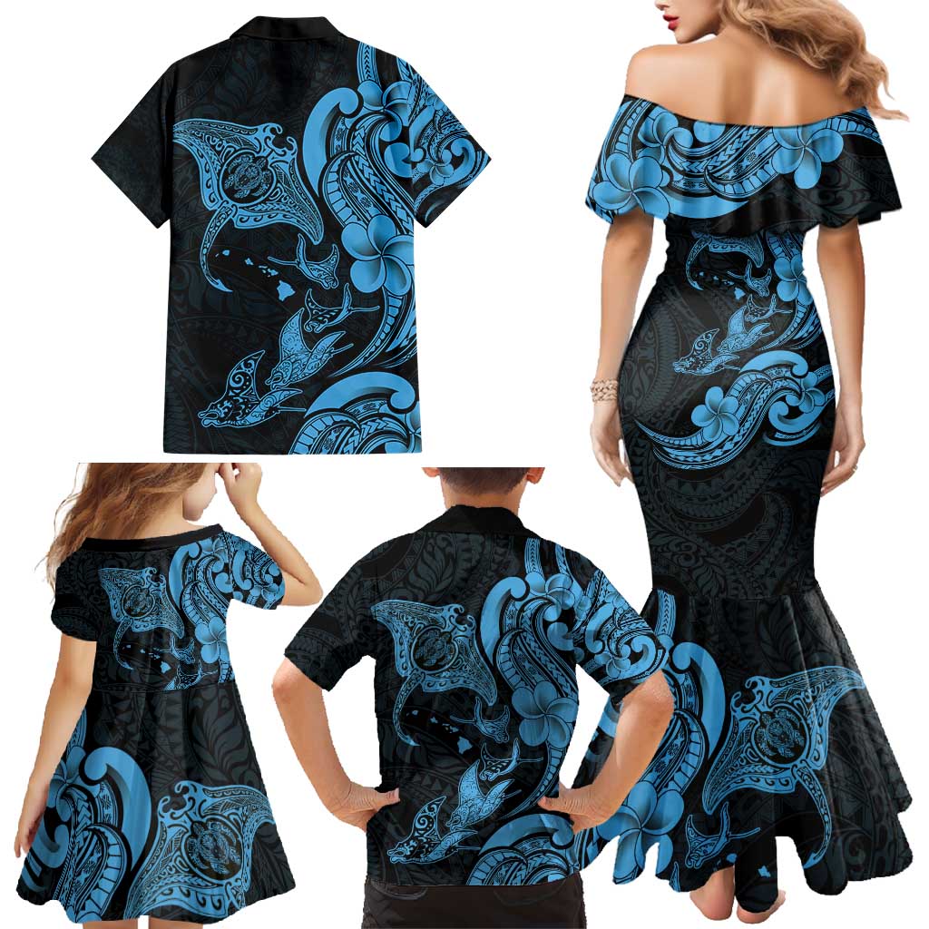 Hawaiian Manta Rays Family Matching Mermaid Dress and Hawaiian Shirt Tribal Hibiscus Polynesian Tattoos Blue Color - Polynesian Pride