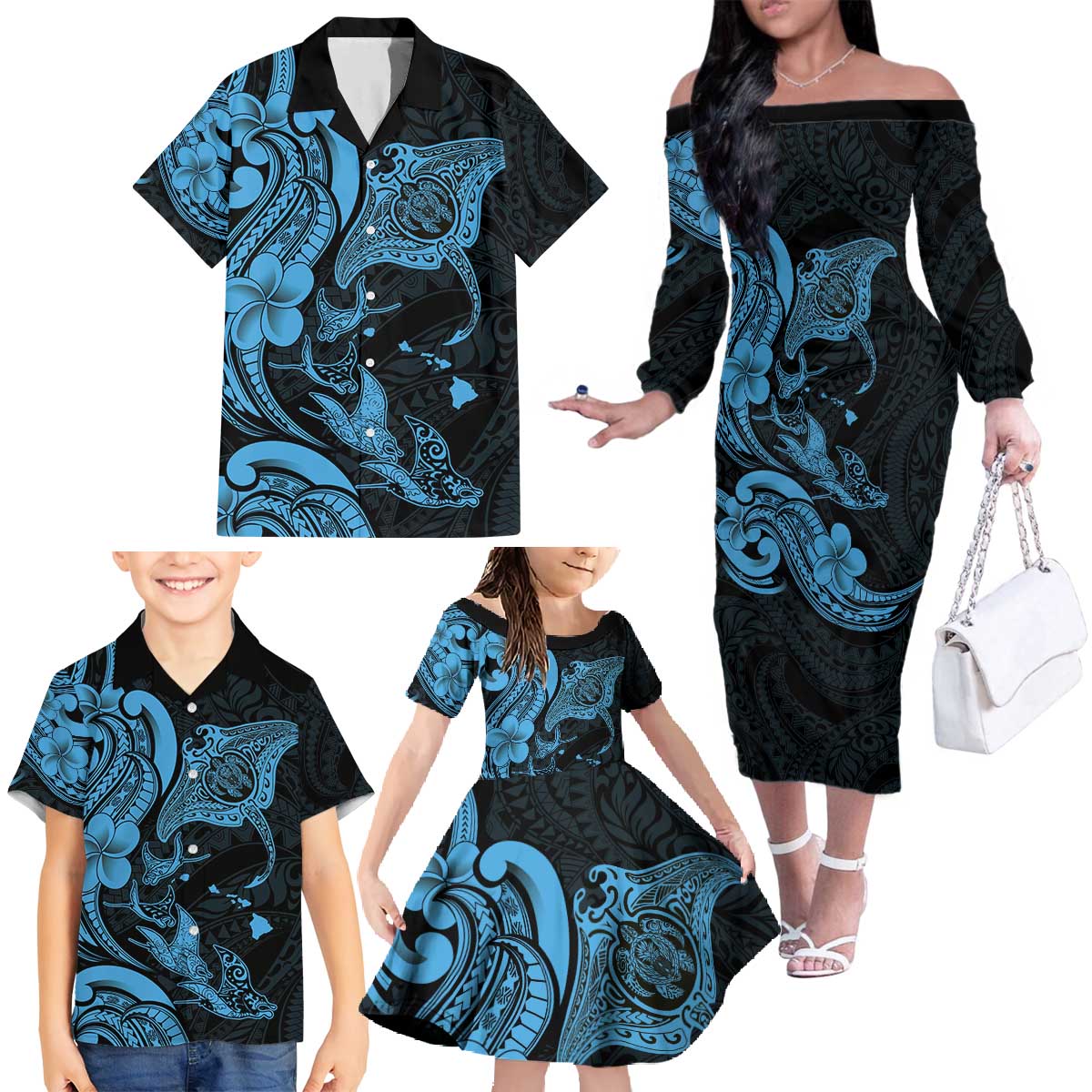 Hawaiian Manta Rays Family Matching Off The Shoulder Long Sleeve Dress and Hawaiian Shirt Tribal Hibiscus Polynesian Tattoos Blue Color - Polynesian Pride