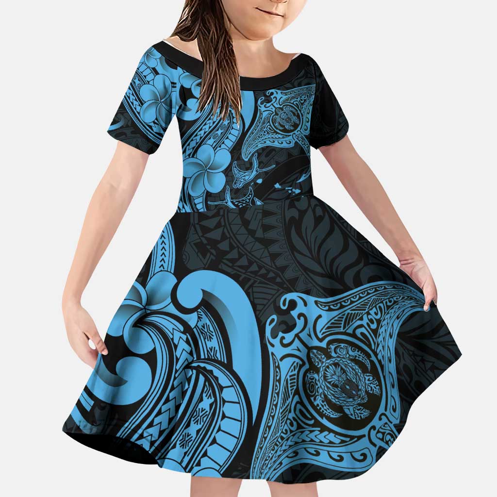 Hawaiian Manta Rays Family Matching Puletasi and Hawaiian Shirt Tribal Hibiscus Polynesian Tattoos Blue Color LT03 Daughter's Dress Blue - Polynesian Pride